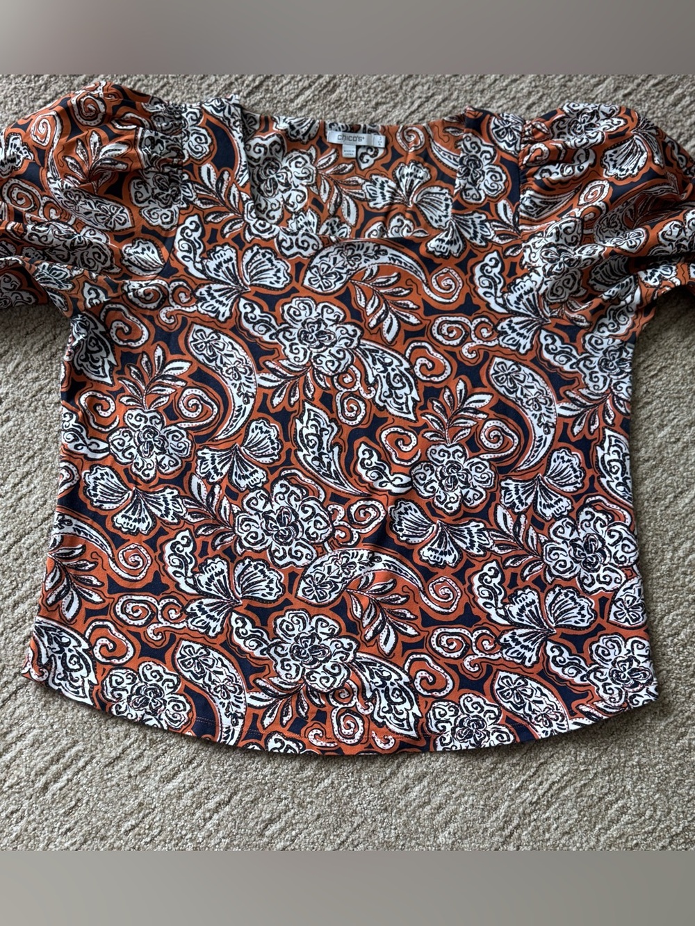 Chico's 3 paisley square neck puff sleeve blouse XL rust orange navy floral boho - Picture 5 of 9